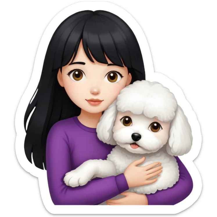 A beautiful girl with long black hair and bangs hugs a super small Bichon Frise dog sticker