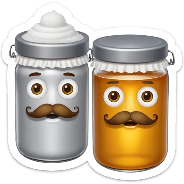 Garama and Madundung are together a gray container of salt and a honey container with a cloth on top. They each have eyes with white in the middle, a mouth, nose, and mustache both customary to their colors. They have hairy legs and emit an aura of salt (Garama), and honey (Madundung). sticker