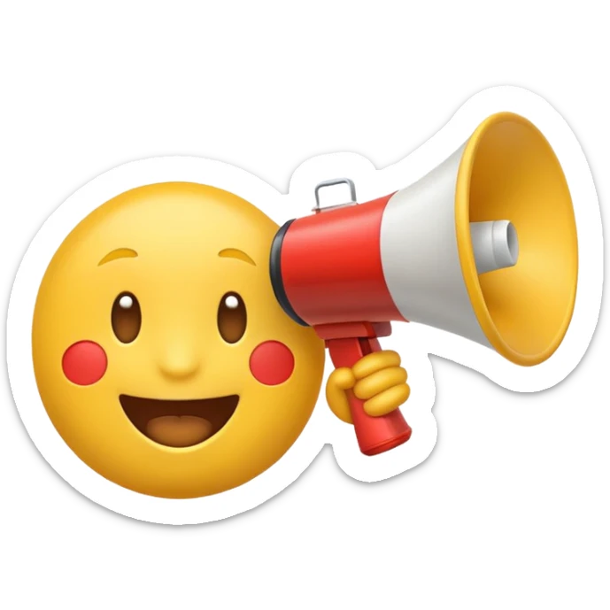 classic yellow emoji with a megaphone and social media icons, symbolizing marketing sticker
