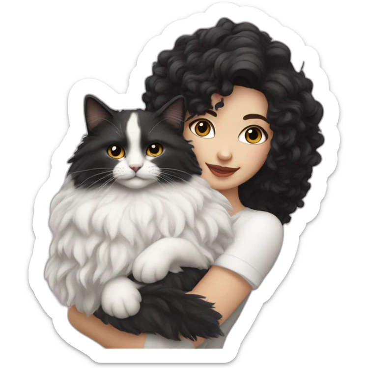 white women with black and curly hair who is cuddling a siberian neva masquerade cat sticker