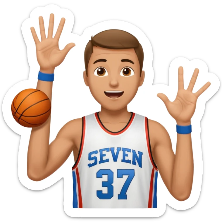 Maverick Trevillian in the crowd at an amateur basketball game. He leans towards the camera and enthusiastically shouts "six seven while performing a distinctive hand gesture: both hands open, palms facing upward, moving up and down as if weighing two options. sticker