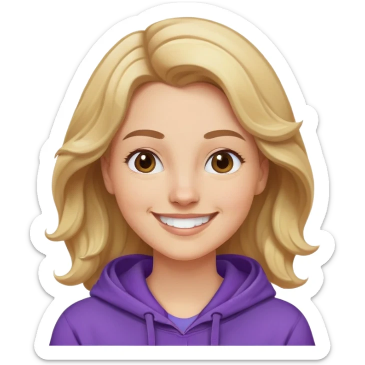 Mujer caucasian, cara redonda, cejas suaves, pelo ondulado castaño claro con puntas rubias, raya al lado. Sonrisa amplia, expresión feliz. Hoodie lila puesta sticker