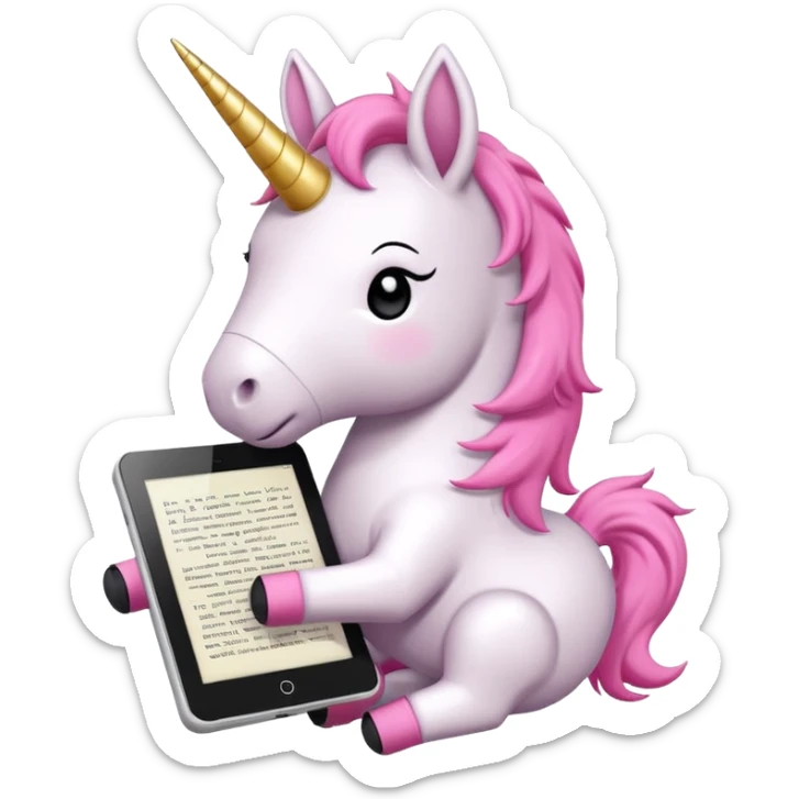Emoji WhatsApp di un unicorno di peluche bianco con corno rosa, cuffie nere e e-reader. Stile vettoriale pulito, forme arrotondate, colori morbidi, espressione dolce, sfondo trasparente. sticker