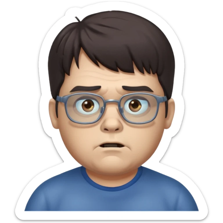An emoji of a slightly chubby male zombie with dark brown hair and bangs down to his eyebrows, wearing square, bluish glasses. sticker