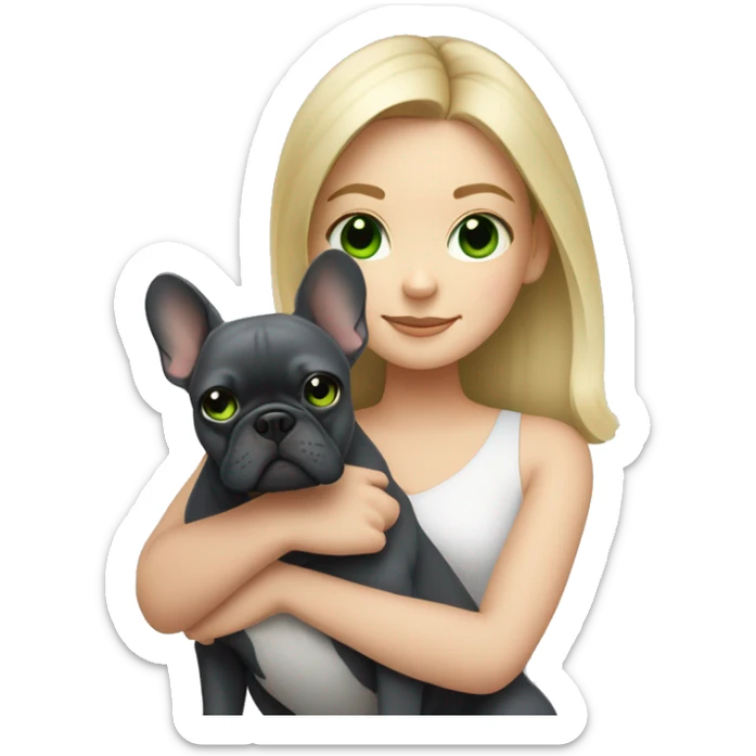 A blonde girl with green eyes with a square hugs a dark gray French bulldog sticker