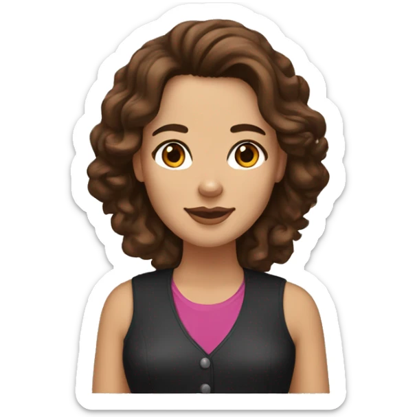 White woman with brown hair and brown eyes with Bernese mountain dog sticker