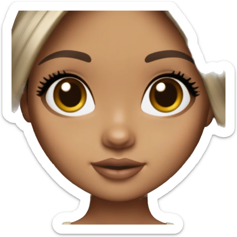 Blythe doll with tanned skin, Black straight hair with brown highlights in the ends with No Bang, with dark brown eyes and Long lashes sticker