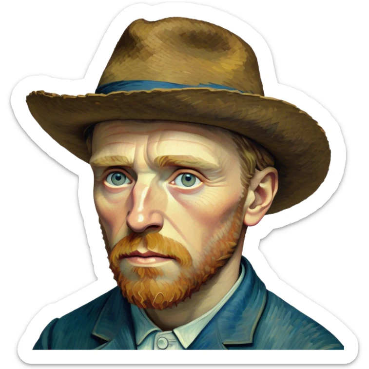 Cinematic Realistic Vincent van Gogh Portrait Emoji, depicted as the iconic artist with expressive brushstrokes and soulful eyes, rendered with rich textured detail and dynamic emotive lighting that captures his creative genius. sticker