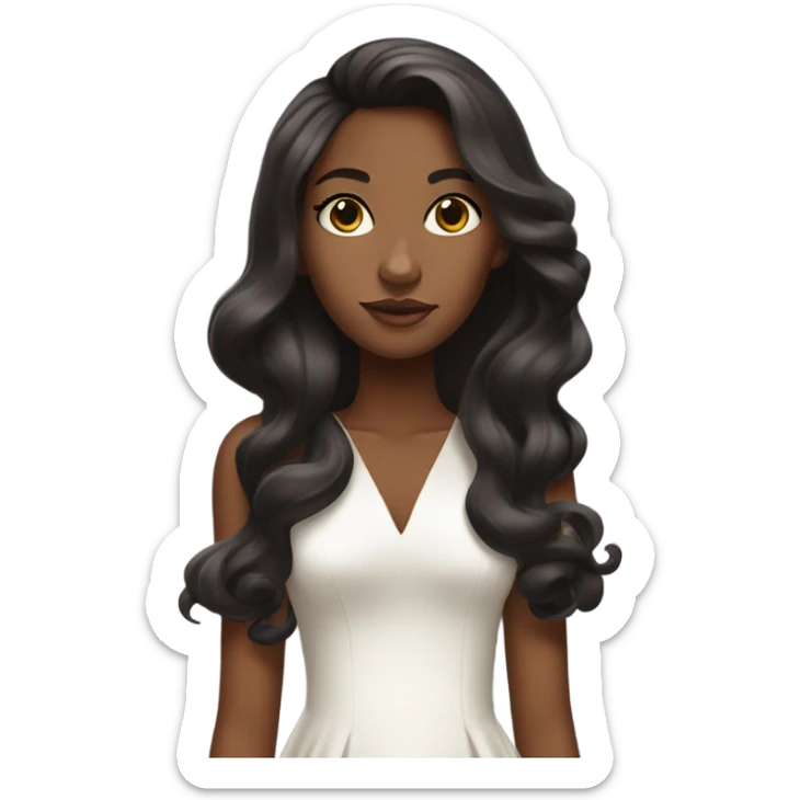 brown skin black girl with long straight hair with blowout curls and a white silk dress sticker