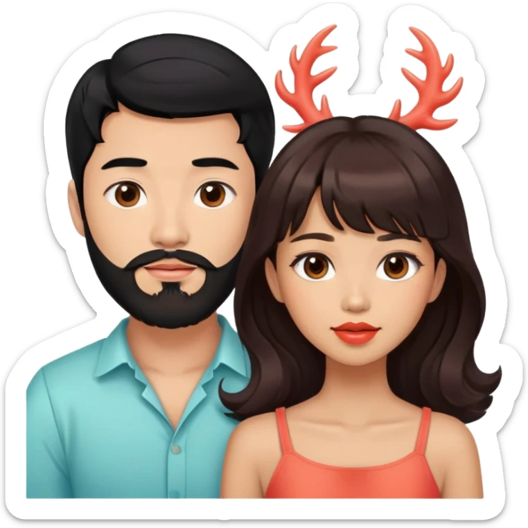 handsome asian man with black hair and beard, with cute tan skin woman with long wavy reddish brown hair with bangs and coral lipstick sticker