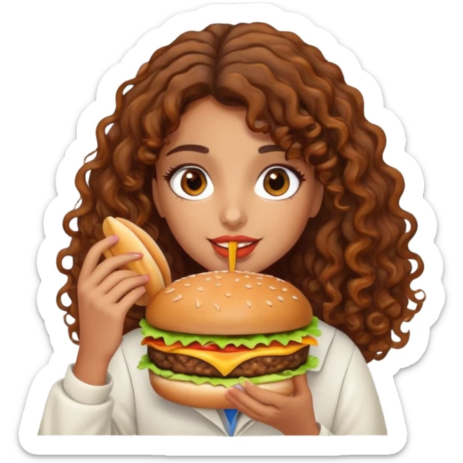 Arab girl with brown curly hair with Carmel highlights eating a burger sticker