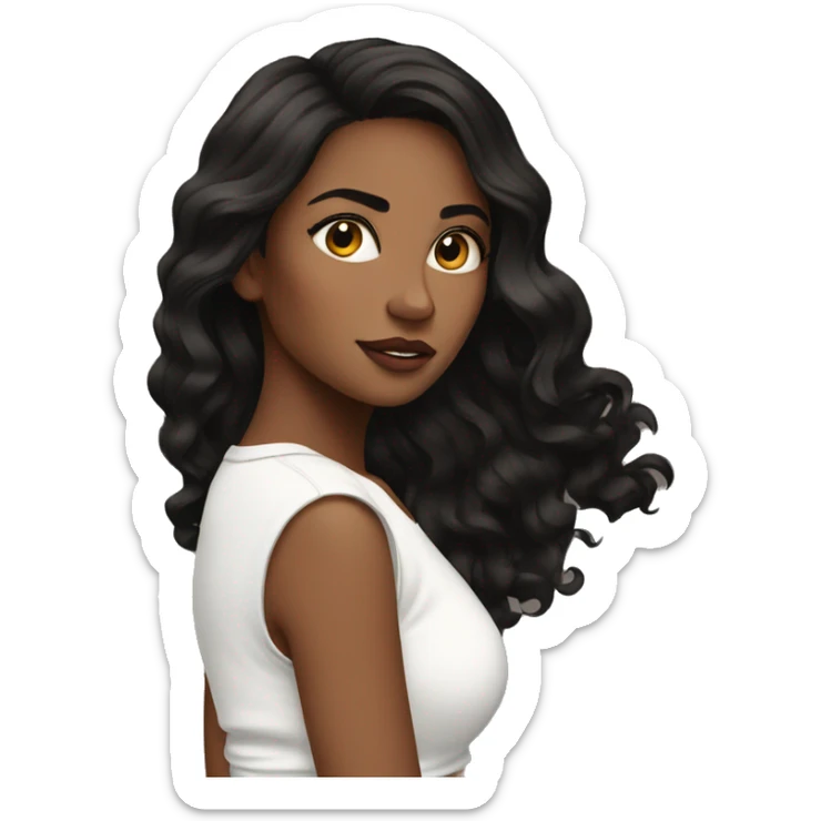 back side of a brown women, with black hair, a white crop top, wavy long hair sticker