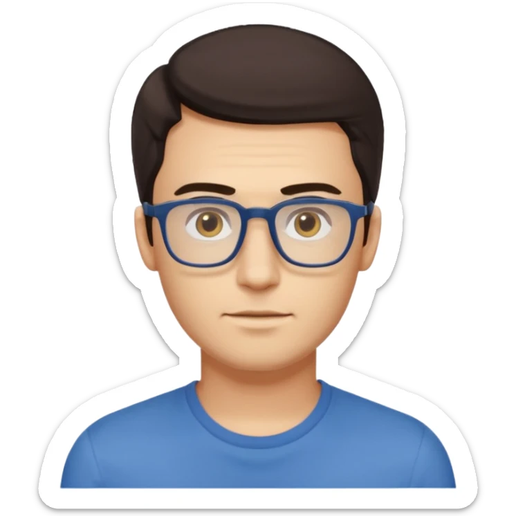 a young man around 30 years old, dark brown eyes, with dark brown hair, longer rectangular face, longer jaw, light yellow skin color, small eyes with rectangle shape glasses, without beard, no forehead wrinkles, wear deep blue shirt sticker