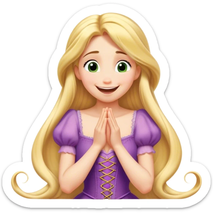 Cinematic Playful Rapunzel Portrait Emoji, Giggling as Pascal sits atop her head, hands cupped over her mouth in a moment of pure joy, her radiance shining through, utterly enchanting! sticker