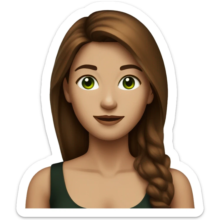 Attractive woman with waist long chestnut-brown hair, dark green eyes, and a black top sticker