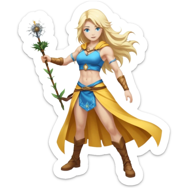 full body woman long blonde hair blue eyes white skin muscular build dandelion wind summoner sticker