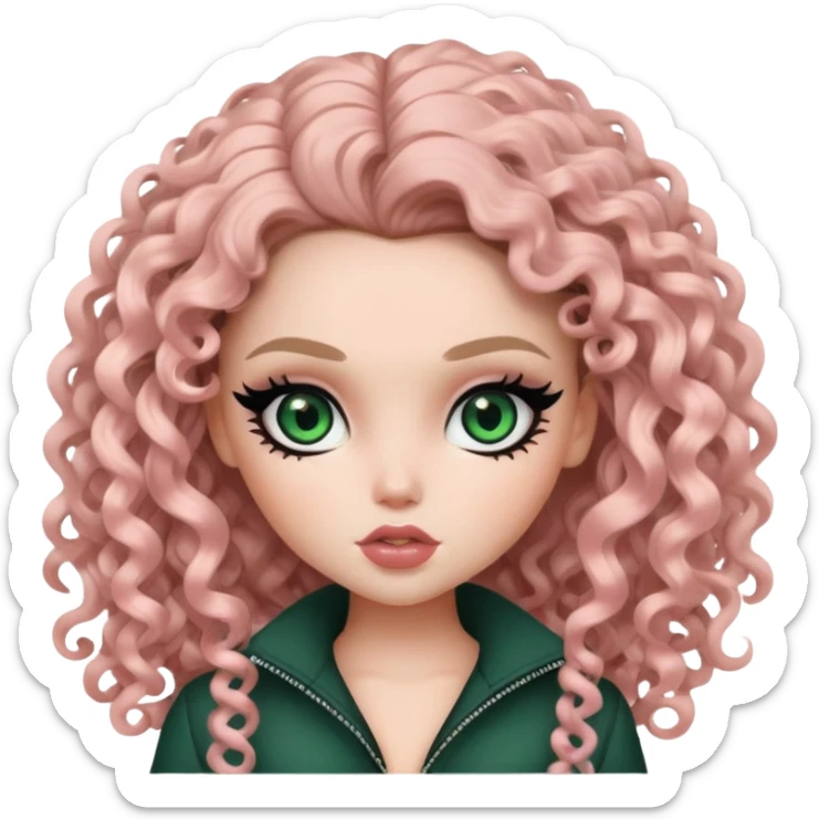 curly long dark hair, pale skin, dark green eyes, pretty bratz baddie, black eyeliner, blush sticker