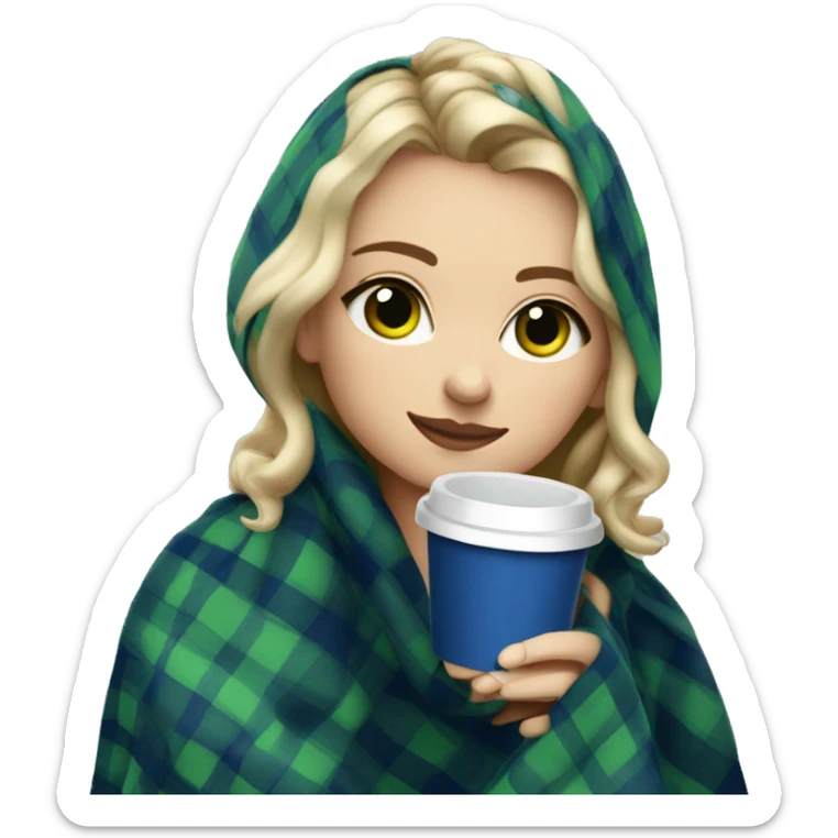 cute dirty blonde girl with green hazel wrapped in dark blue plaid blanket drinking coffeeemoji sticker
