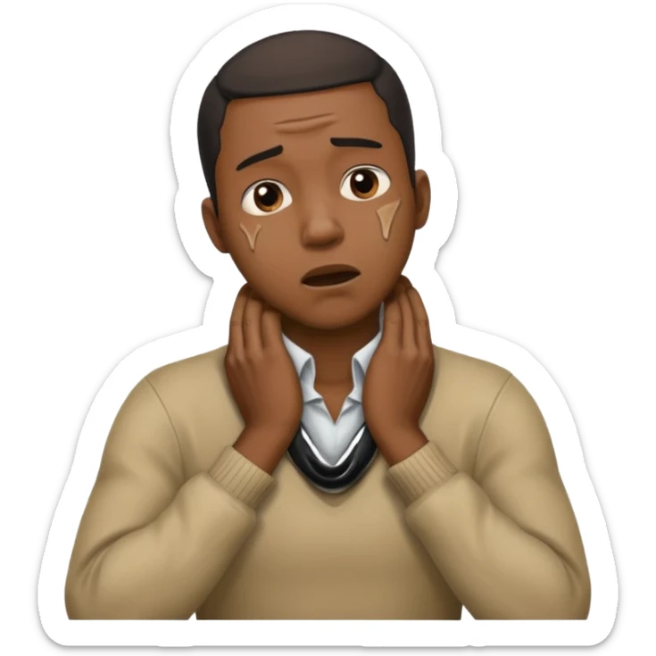 make a photo of a black man who is choking himself with his hands but his hands are on his neck sticker