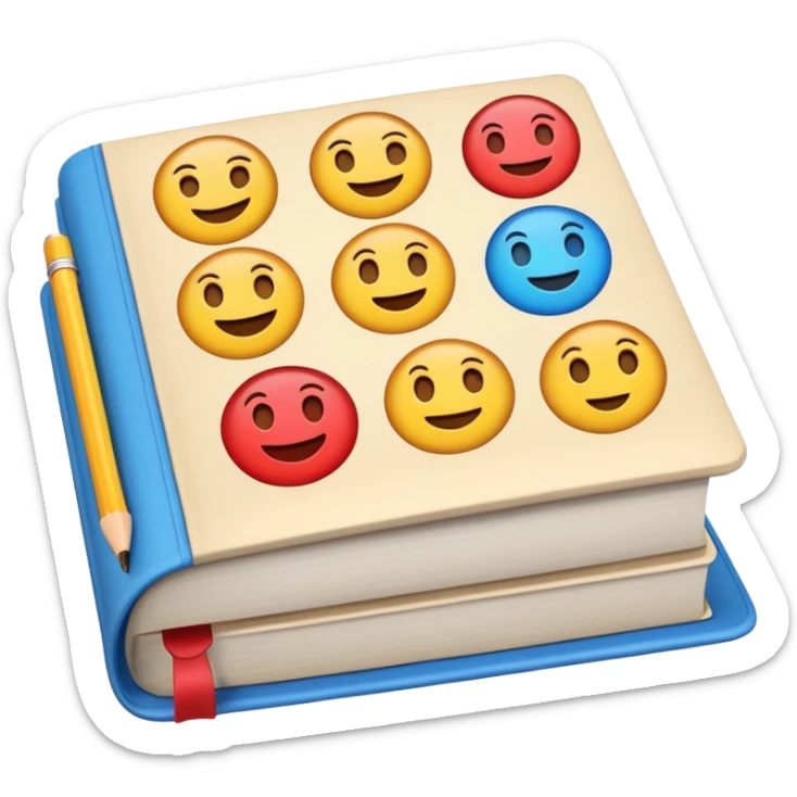 A textbook with the letters of "emoji" on its cover, where the word "emoji" is split into multiple individual letters for use. sticker