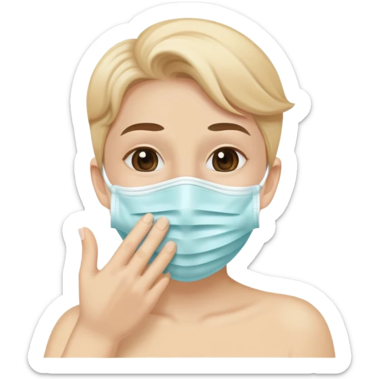 person with a mask, hand near mouth, showing good hygiene, cheerful sticker