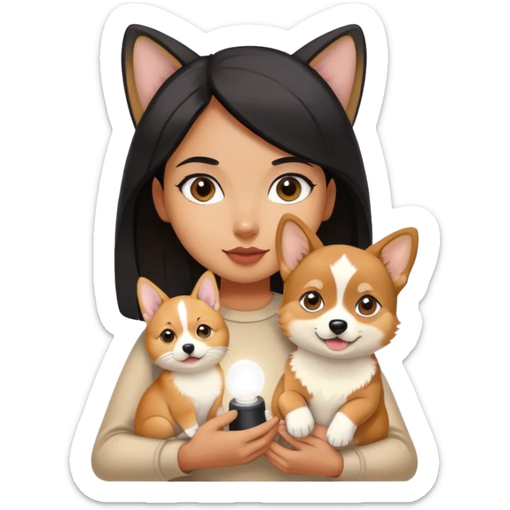The girl with black hair is holding a light beige Abyssinian kitten and a Corgi. sticker