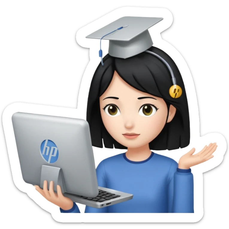 A girl is in front of an HP computer, holding it to her head, and her hair is black. sticker
