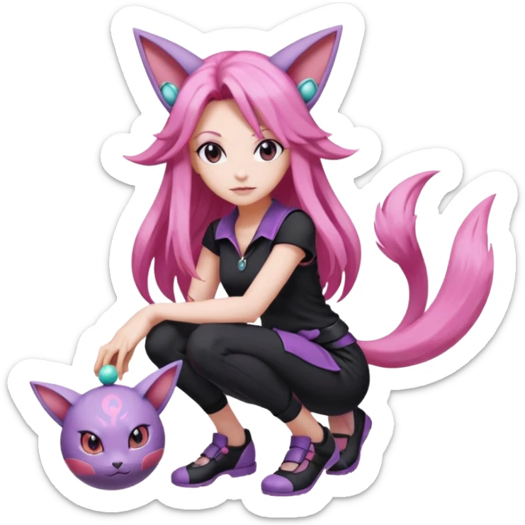 Female pokemon trainer, with long pink hair and wearing black. She’s standing confidently holding a pokeball and espeon by her feet  sticker