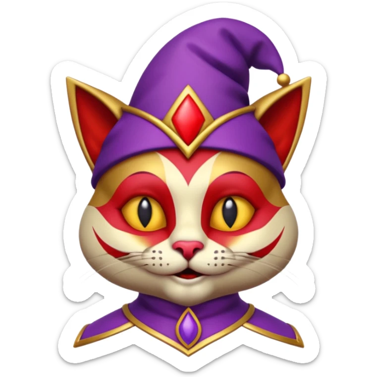crazy colorful cute little cat jolly joker from poker, medieval, vintage, court jester, mac os icon, purple, gold and red color, half body. Squared shape as 3D mac os icon, symmetrical sticker