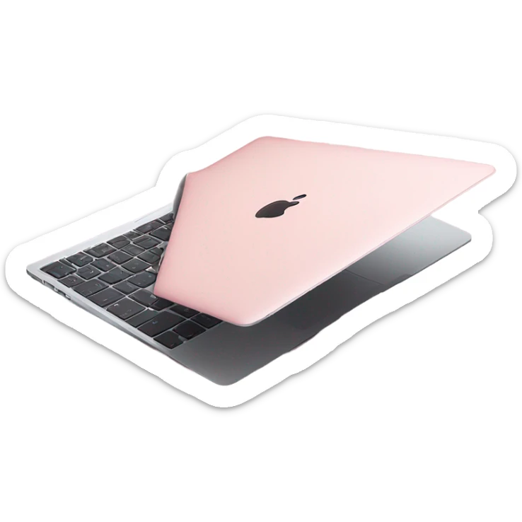 A sleek and modern MacBook Air laptop in a soft pastel pink color, placed on a white background. The Apple logo on the back of the screen is black, contrasting elegantly with the pink finish. The laptop is slightly open, showing a glimpse of the black keyboard and silver edges. The design is minimalist and stylish, reflecting a premium aesthetic. sticker