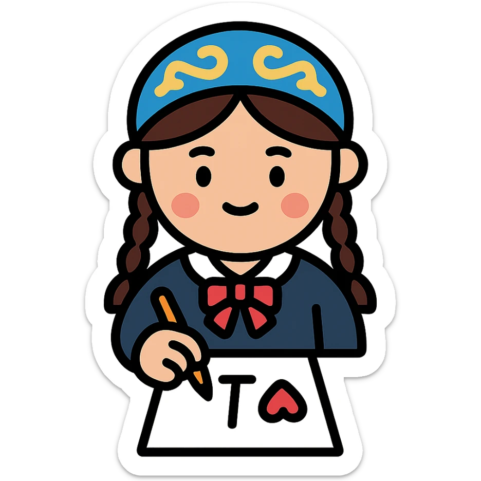 Kazakh girl in Korean foreign school uniform, drawing the letter T with a heart on a sheet of paper sticker