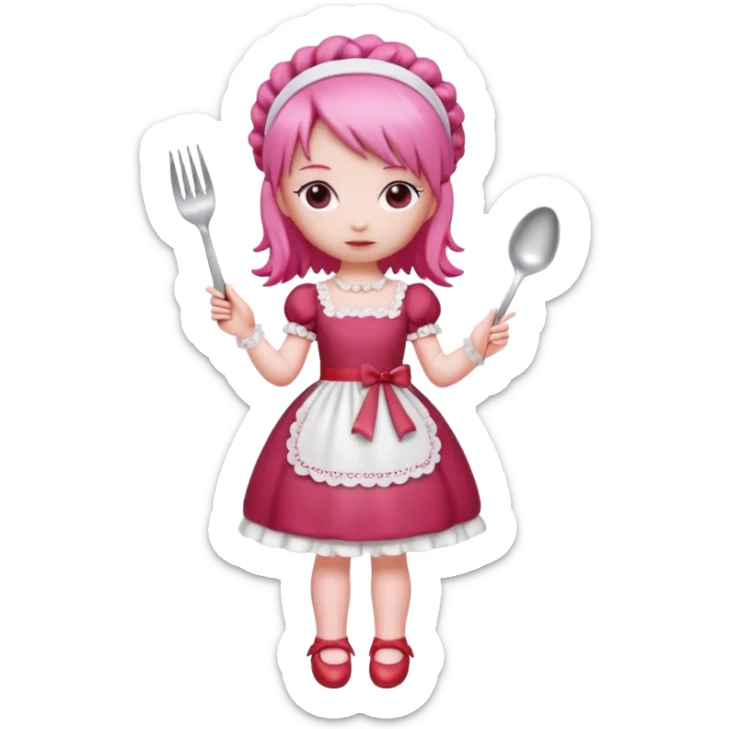Isolated detaile illustration of the most modern raspberry torte doll figurine full body with pink hair and a hairband sticker