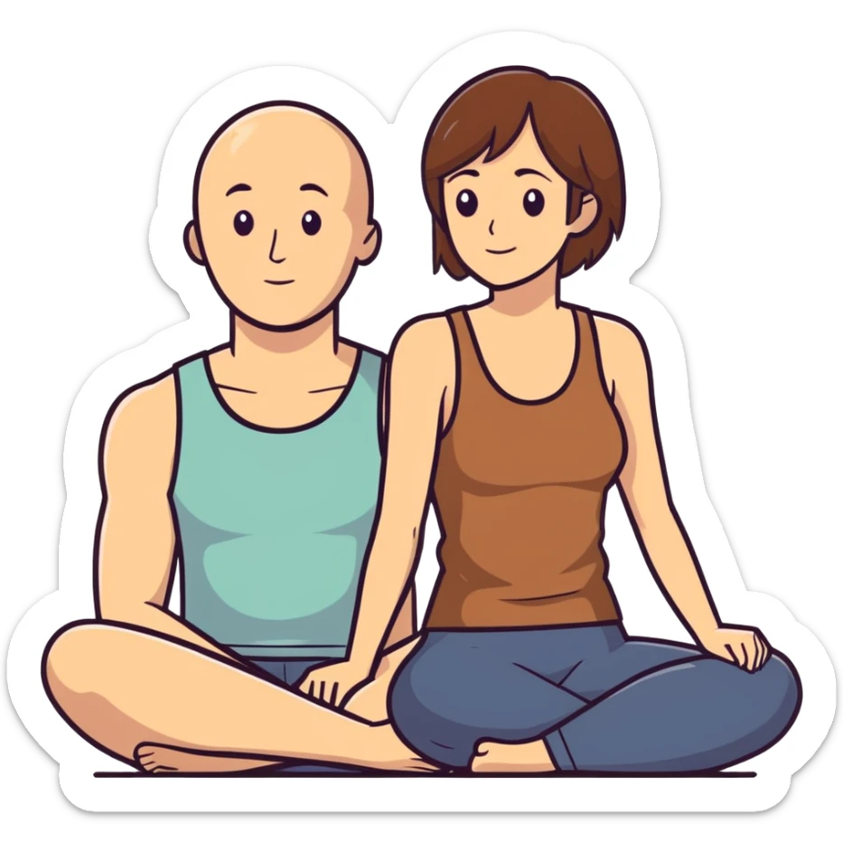 Caucasian woman with brown hair big boobs wearing a tank top sitting on bald man sticker