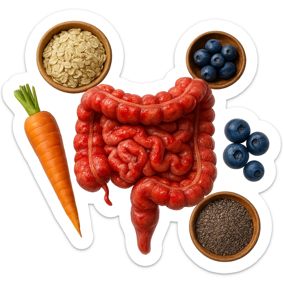 intestino umano anatomico infiammato al centro con carota, bowl di avena, mirtilli, bowl di semi di chia che gli fluttuano intorno , iperrealistico 4k sticker