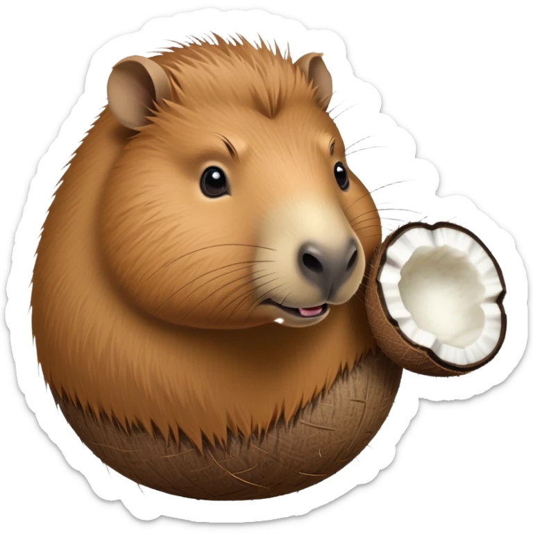 A furry capybara head attached to an oval coconut body with the coconut's natural texture sticker