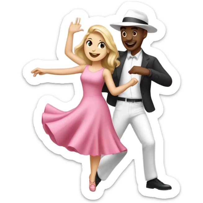 A white girl dancing in a pink dress with white Caucasian guy dancing in a pink hat sticker