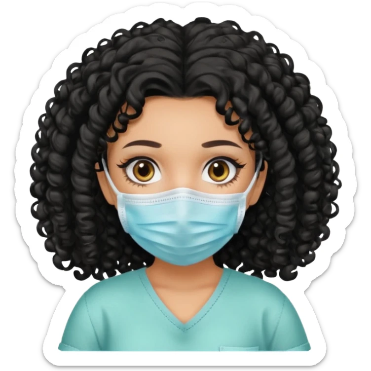 a pretty tan bratz girl with black curly hair. no makeup, looking sick, wearing a mask sticker