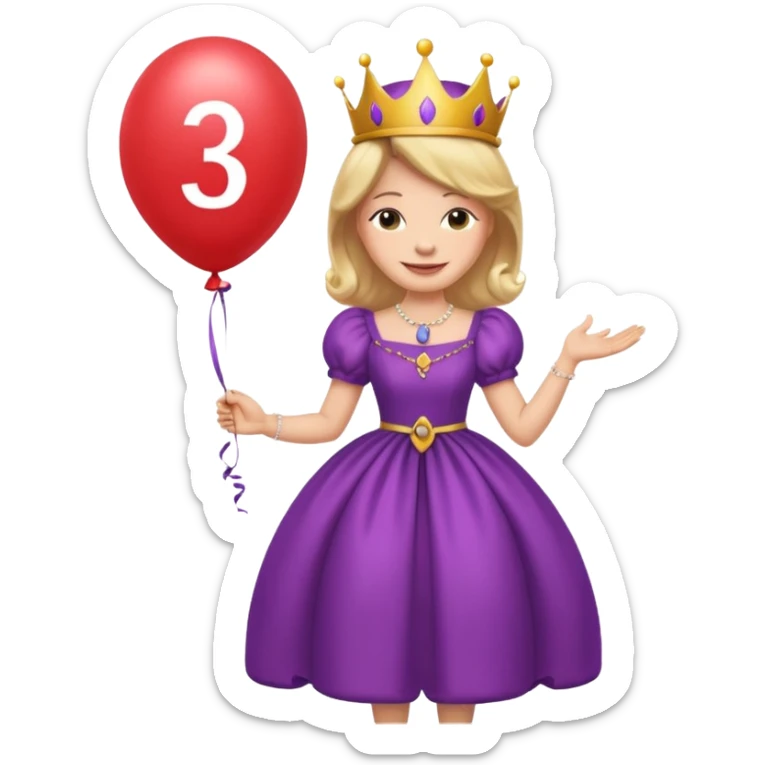 queen wearing dress, holding balloon in shape of number 3 sticker