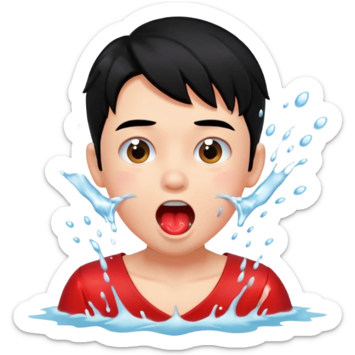 a peach splashing water in boy's mouth above his head with black hair and red dress sticker