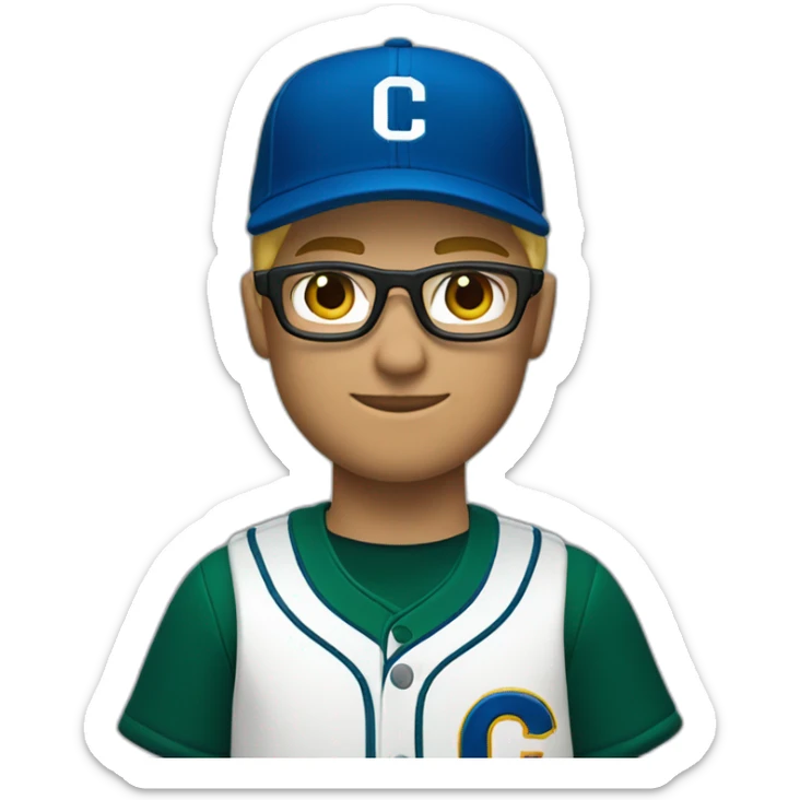 Blonde male short hair with glasses Dark green baseball uniform with hat Blue eyes and with "C" on the hat. Crop from shoulders up sticker
