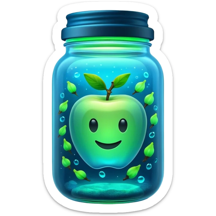 3D render of Firefly Jar, bioluminescent deep sea style, glowing neon blue and green lights, dark background to contrast the glow, translucent organic textures, Apple emoji style. sticker