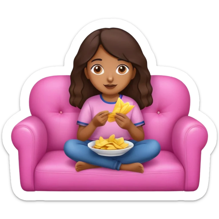 home brown girl with plate of chips, sitting at the pink sofa sticker