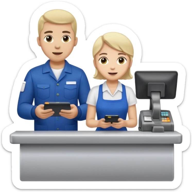 Supermarket employee at a cash register, full body, serving a man surprised sticker