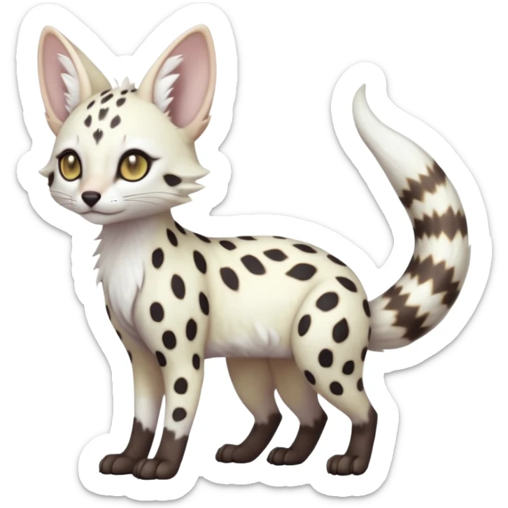 White Albino grey-spotted Serval-Civet-Genet-Trico-Furret-Linoone-Fakémon-Pokémon-animal-hybrid-fusion-creature (full body) with vibrant glowing eyes, cute, elegant, soft, realistic, pastel fur sticker