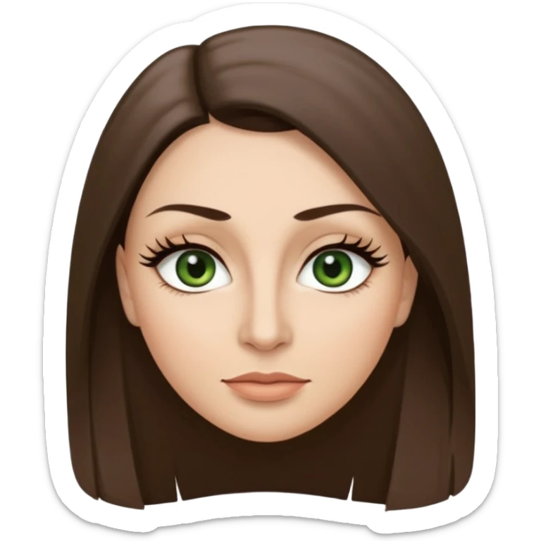 40 year old Adult woman avatar, light skin tone, oval face, long straight ashy brown hair, green almond-shaped eyes with dramatic eyelashes and minimal eyeliner, neutral mouth, medium straight eyebrows, small nose, smooth skin sticker