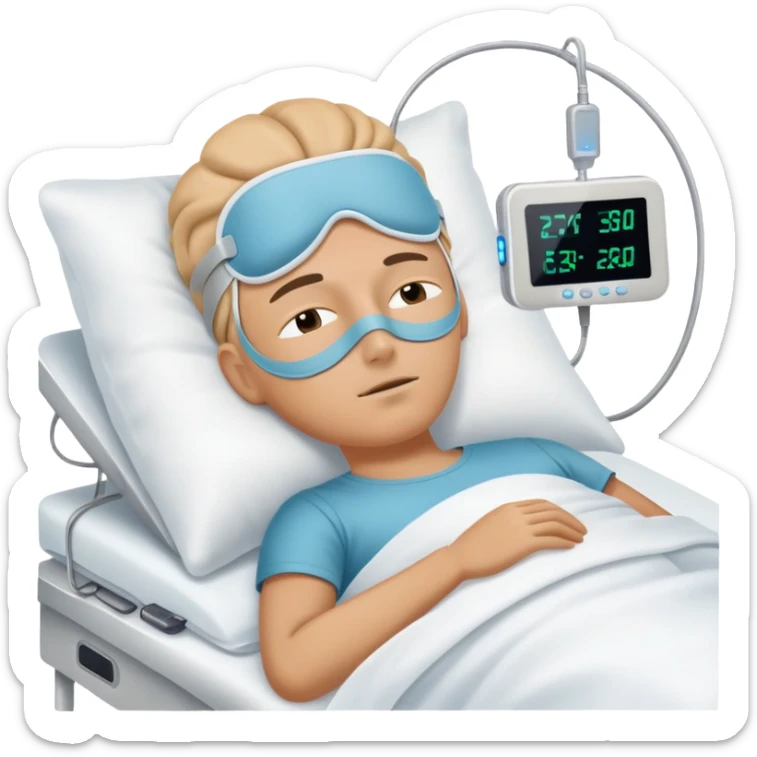 Sleep laboratory with sleep monitoring equipment, bed with person sleeping, brain wave monitors sticker