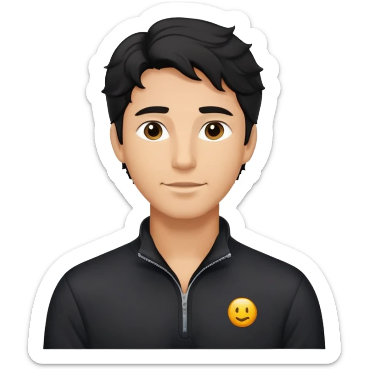 Relaxed fit black quarter-zip shirt on man with wavy black hair, not form-fitting sticker