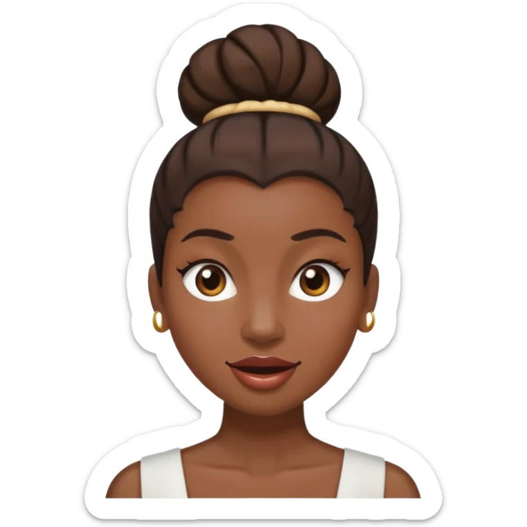 Une femme à la peau noire avec un chignon haut et les cheveux sont bruns avec un œil marron et un œil marron très très claire et une grosse bouche sticker