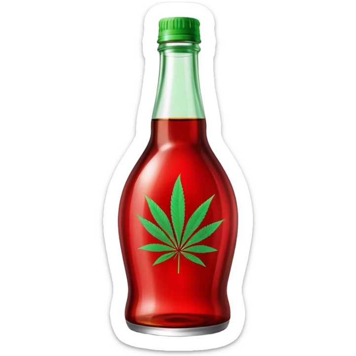 Curved red glass bottle similar to Coca-Cola style with a green cannabis leaf printed on it and a label sticker