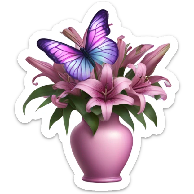 Aesthetic butterfly with purple and pink wings sitting on a dark purple bouquet of Lilies in a pastel pink vase sticker
